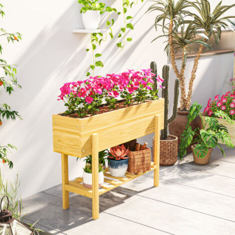 Jardinière surélevée bois 100x30x70.5cm, résistante aux intempéries, avec tablette et trous d'écoulement, pour jardin et balcon - Naturel
