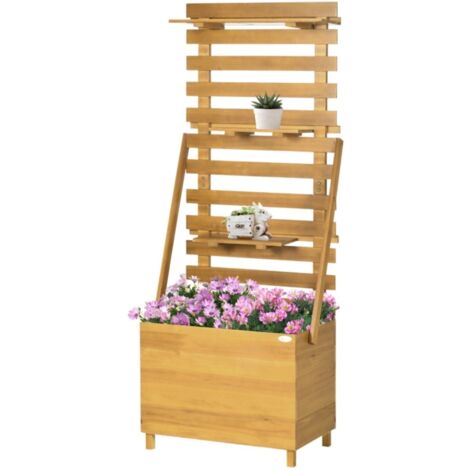 Jardinière surélevée bois 63x39x160cm marron avec treillis et 3 étagères - Bac à plantes grimpantes pour balcon terrasse