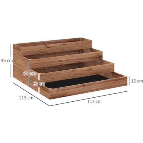 Jardinière surélevée d'extérieur à 4 niveaux, avec fond ouvert et doublure en tissu, en bois de sapin, idéale pour les plantes, les fleurs et les légumes. Dimensions : 113 x 113 x 46 cm, couleur café 