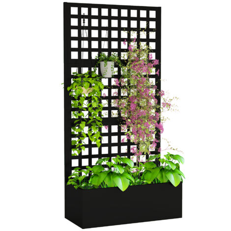 Jardinière surélevée en acier galvanisé noir, 89x40x178cm, avec treillis brise-vue pour plantes grimpantes, idéale pour jardin, balcon ou terrasse.