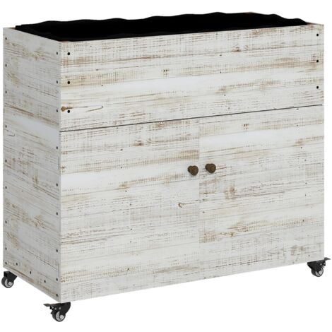 Jardinière surélevée en bois avec compartiment de rangement, jardinière à herbes aromatiques sur roulettes, bac à fleurs 110 x 50 x 95 cm, avec revêtement en tissu non tissé, blanc,