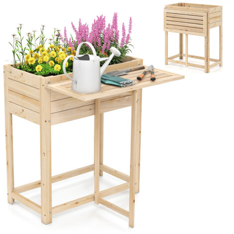 Jardinière Surélevée en Bois avec Pieds, Lit de Jardin avec Tablette Latérale Pliable Drainage, Bac à Plantes pour Fleur Légume Fruits, 63 x 67 x 74cm