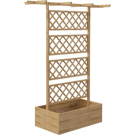 Jardinière surélevée en bois avec toit, support pour plantes grimpantes et treillis, idéale pour le jardin ou le balcon. Dimensions : 160 x 55 x 183 cm. Bois naturel.