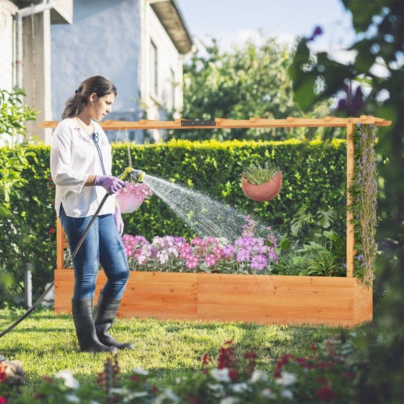 Jardinière surélevée en bois avec treillis, toit suspendu et jardinière en treillis 200 x 44 x 114 cm