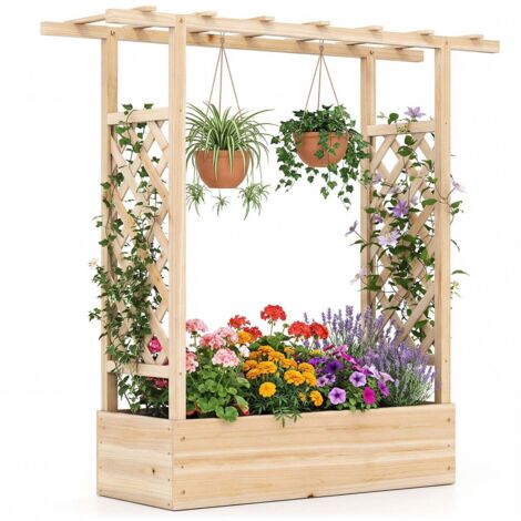Jardinière Surélevée en Bois de Sapin Naturel 114,3 cm de haut, Treillis Latéraux + Toit Suspendable, Trous de Drainage, Bac de Culture pour Plantes Grimpantes, Légumes et Fleurs