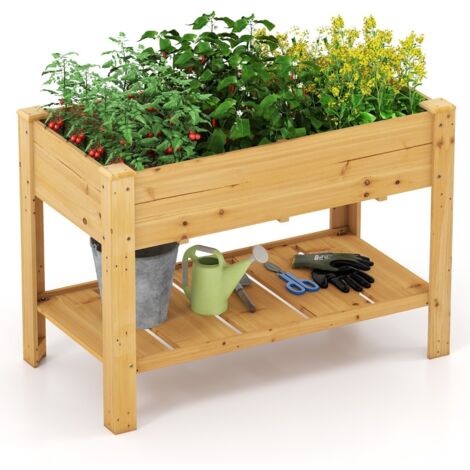 Jardinière Surélevée en Bois de Sapin Naturel 120 x 60 x 81 cm, Bac de Culture avec Étagère Basse et 5 Trous de Drainage, Potager Ergonomique pour Légumes Aromates Fleurs Intérieur Extérieur