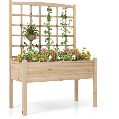 Jardinière Surélevée en Bois de Sapin Naturel avec Treillis Latté et Trous de Drainage, Bac de Culture Haut pour Plantes Grimpantes, Légumes et Fleurs Extérieur