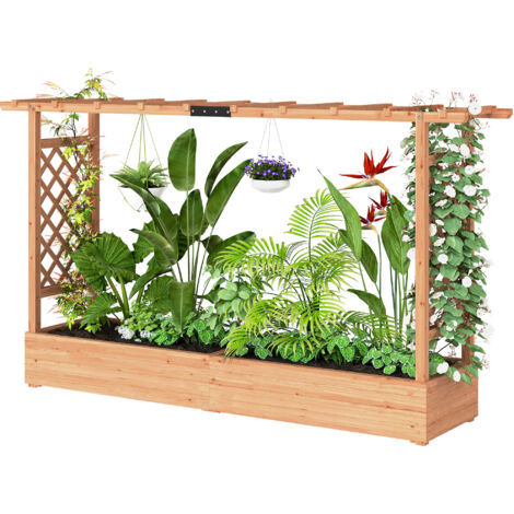 Jardinière surélevée en bois naturel avec treillis latéral et supérieur, bac à fleurs à trous de drainage, 200x44x113,5cm