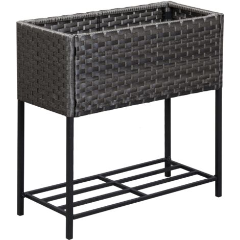 Jardinière surélevée en polyrotin avec pieds et étagère, 70 x 30 x 72 cm, marron, pour jardin, balcon ou terrasse.