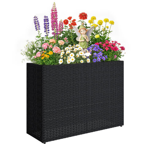 Jardinière surélevée en résine tressée, support de fleurs avec bac amovible et pieds réglables, cadre en acier, noir