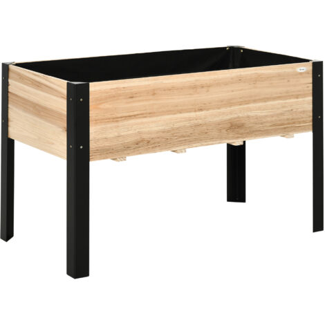 Jardinière surélevée, grand bac à fleurs en bois massif et acier, 120 x 60 x 74 cm, coloris naturel et noir, pour jardin et balcon.