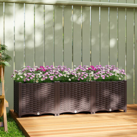 Jardinière surélevée. lit de jardin en plastique auto-irrigantes avec trous de drainage et bouchons. 120x40x37cm. marron