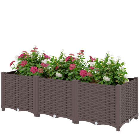 Jardinière surélevée, lit de jardin en plastique auto-irrigantes avec trous de drainage et bouchons, 120x40x37cm, marron
