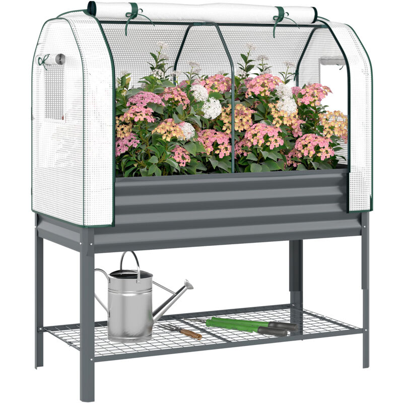 Jardinière Surélevée - Outsunny - Serre en PE Inclus - Doublure et Étagère Inférieure - Métal - 120x55x140cm - Gris Foncé