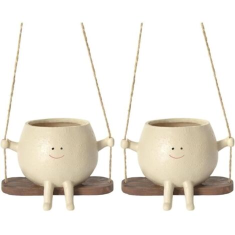 Jardinière Suspendue Intérieur/Extérieur, 2 Pots en Résine avec Visage Souriant et Balançoire