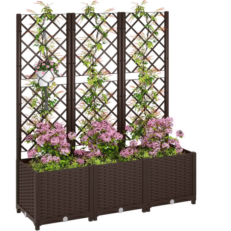 Jardinière treillis haut H.135 cm - système de drainage intégré - effet rotin tressé pp chocolat
