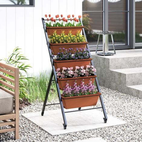 Jardinière Vertical Mobile à 5 Niveaux avec 5 Bacs de Plantation Drainage d'eau Roues Support de Jardinage Métallique Surélevé Brun