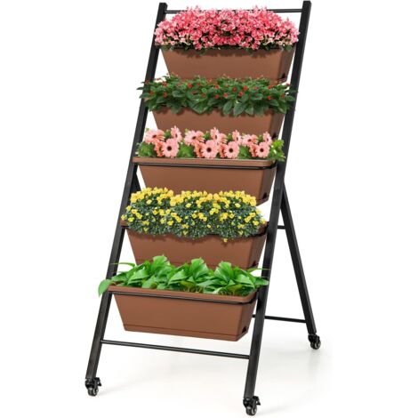 Jardinière Vertical Mobile à 5 Niveaux avec 5 Bacs de Plantation, Drainage d'Eau, Roues, Support de Jardinage Métallique Surélevé pour Fleur Herbe