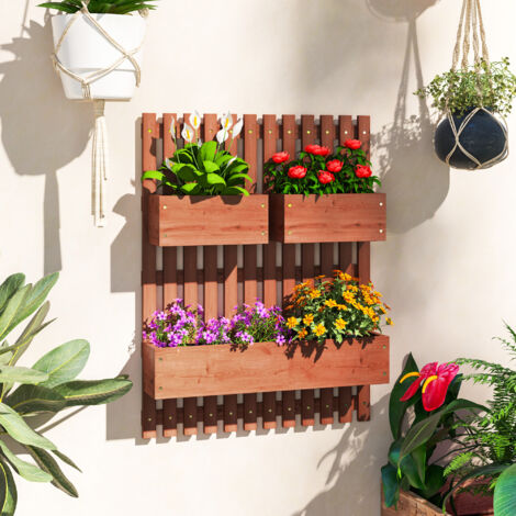 Jardinière verticale à claire-voie avec 3 pots amovibles, en bois de sapin, 60 x 16 x 80 cm, marron