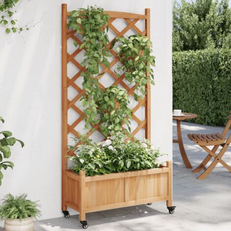Jardinière，Pot de fleurs，Bac à fleurs avec treillis et roues marron bois massif de sapin CFW69704