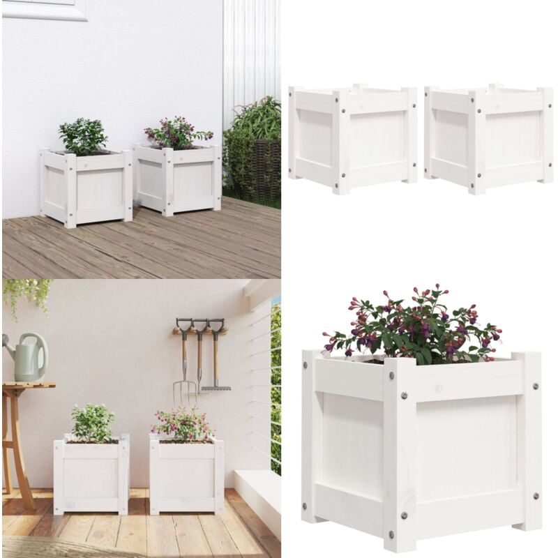 Jardinières 2 pcs blanc bois de pin massif - Jardiniere En Bois - Jardinerie - Pots De Fleurs Exterieur - Decoration Jardin - Balcon - Home & Living