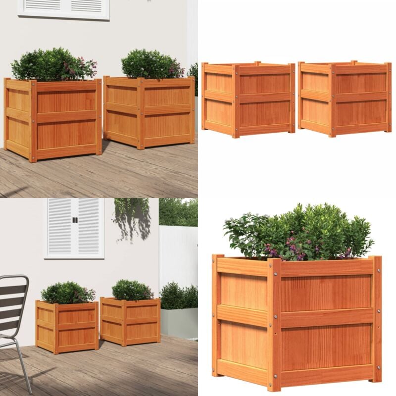 Jardinières 2 pcs cire marron bois de pin massif - Jardinières En Bois - Pots De Fleurs Exterieurs - Jardinerie - Déco Jardin - Bacs à Fleurs - Home