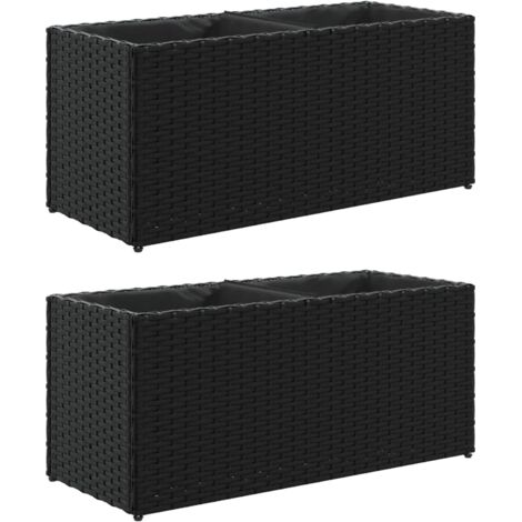 Jardinières avec 2 pots 2 pcs  Bac à fleurs noir 72x30x32 cm résine tressée