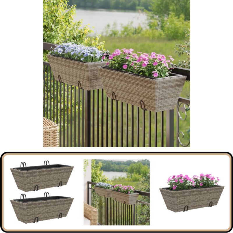 Jardinières avec crochets 2 pcs gris résine tressée - Jardinières Suspendues - Pots De Fleurs - Décoration Intérieure - Résine Tressée - Extérieur