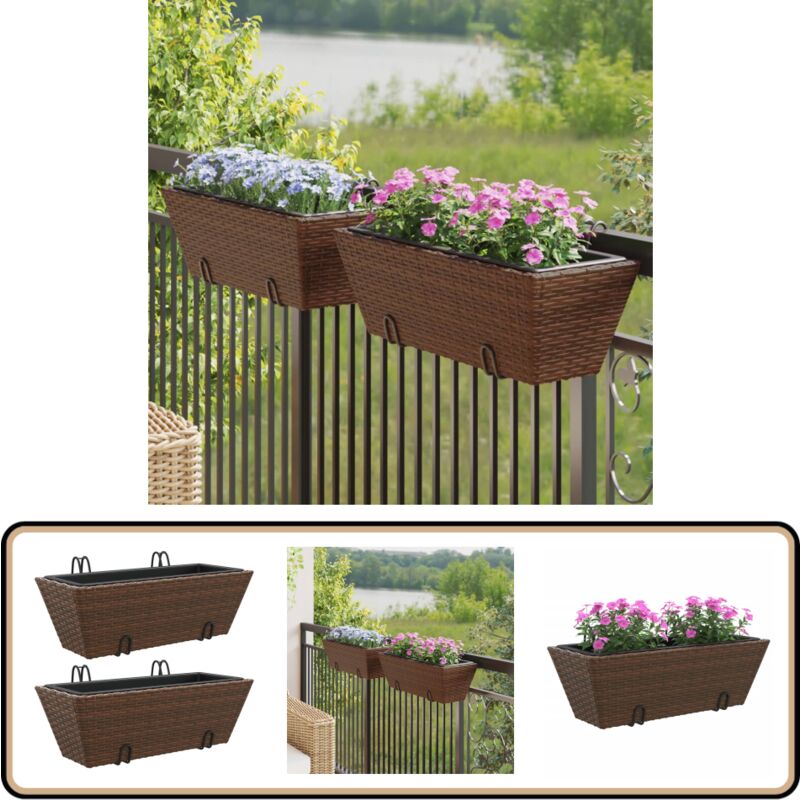 Jardinières avec crochets 2 pcs marron résine tressée - Jardiniere Suspendue - Pots De Fleurs Exterieur - Decoration Jardin - Plante Interieur