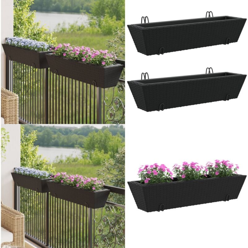 Vidaxl - Jardinières avec crochets 2 pcs noir résine tressée - Jardiniere - Pots De Fleurs - Décoration Intérieure - Balcon - Terrasse - Home & Living