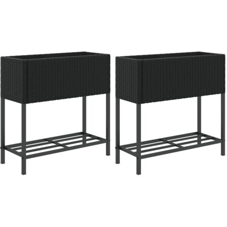 Jardinières avec étagère 2 pcs  Bac à fleurs noir 70x28x70 cm résine tressée