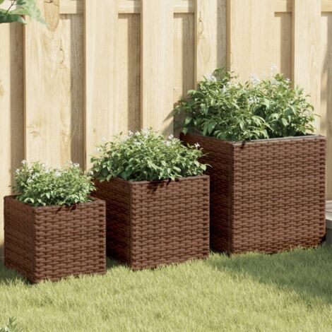 Jardinières d'extérieur 3 pcs-Lot de 3 Pot de fleur-Bac à fleurs marron résine tressée