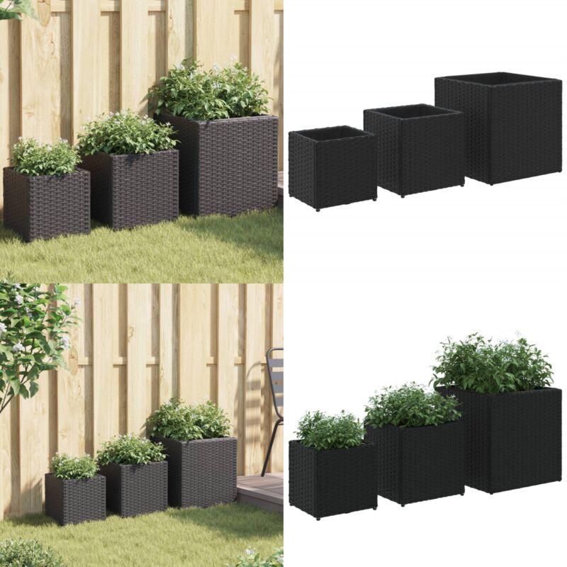 Jardinières d'extérieur 3 pcs noir résine tressée - Jardiniere Exterieure - Pot De Fleurs Extérieur - Decoration Jardin - Résine Tressée - Poly Rotin