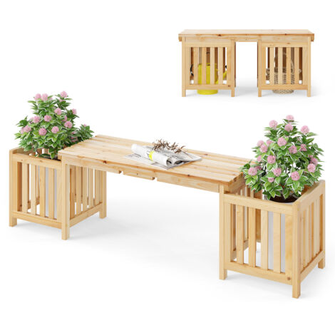 Jardinières en Bois de Sapin 2 en 1, Banc de Jardin pour 2 Personnes avec 2 Bacs à Fleurs Latéraux, Conception à Fentes, pour Terrasse Jardin, Naturel
