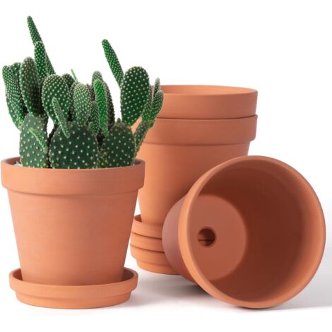 Jardinières en terre cuite et argile de 15 cm, jardinières moyennes en terre cuite avec plateau, jardinières avec plateau, jardinières en terre cuite pour plantes d'intérieur et d'extérieur - Lot de 4