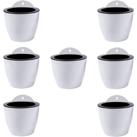 Jardinières Suspendues à Arrosage Automatique Lot de 7 Deco Mural Pot de Fleur Interieur, Exterieur Decoration Murale Fenêtre Blanc Plastique, Grande, 18 cms, à, Crochets