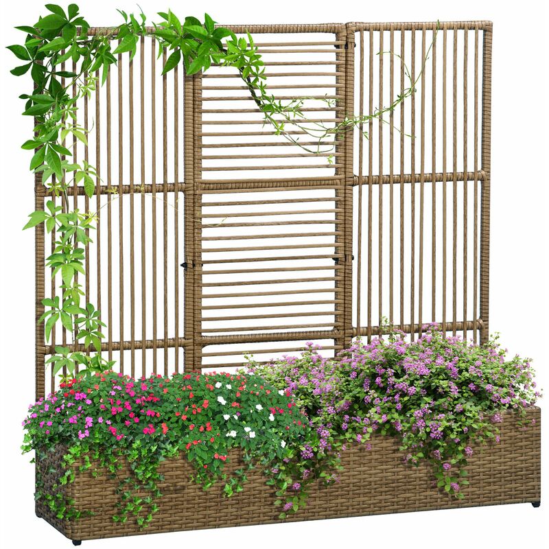Jardinière avec treillis haut dim. 103L x 29l x 103H cm résine tressée pe aspect rotin marron