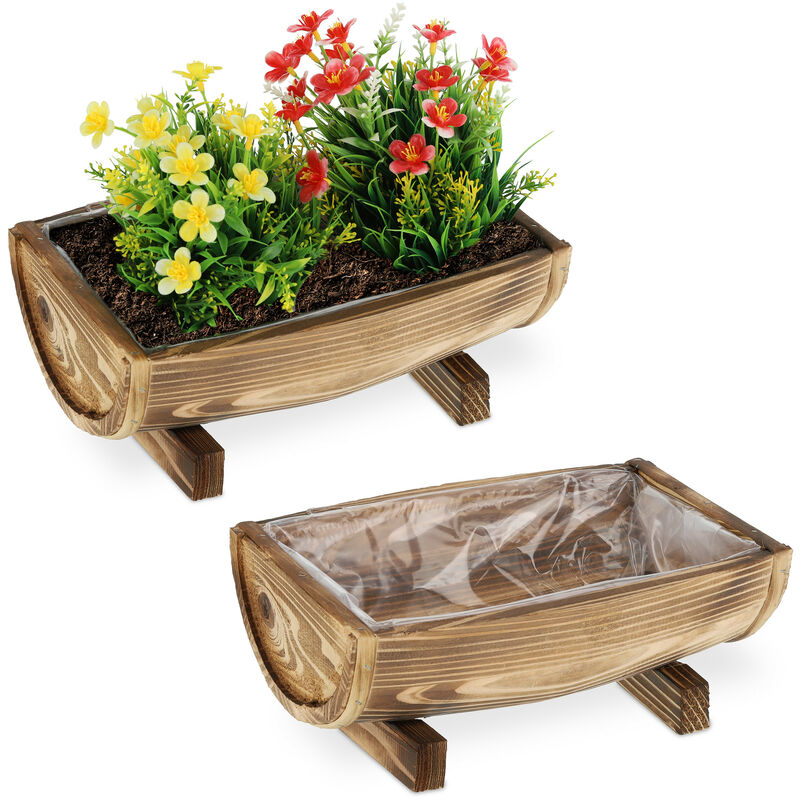 Relaxdays - Jardinière bois, lot de 2, bac à fleurs, hlp 12,5 x 29,5 x 20 cm, extérieur et intérieur, film plastique, brun