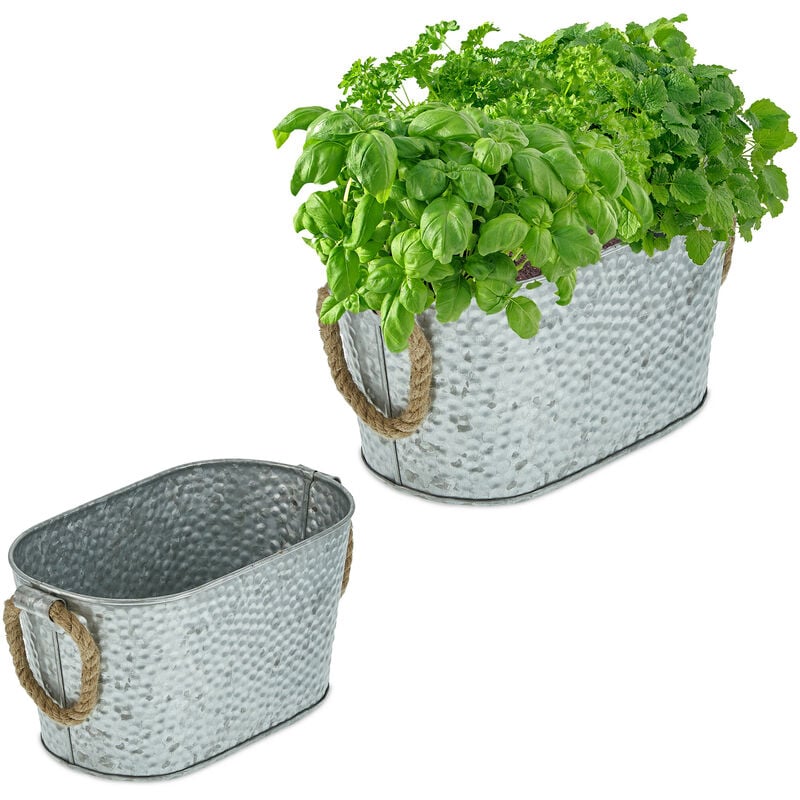 Jardinière en zinc, lot de 2, design martelé, décoration, anses jute, deux tailles différentes, argenté - Relaxdays