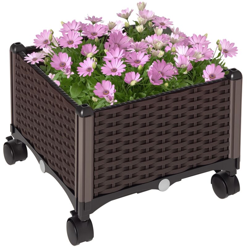 Jardinière sur roulettes dim. 40L x 40l x 31H cm insert d'irrigation plastique imitation rotin tressé chocolat