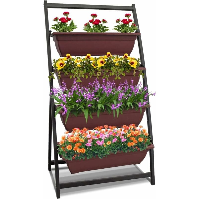 Roleader - Jardinière verticale surélevée en métal pour fleurs, herbes, légumes, terrasse ou balcon (marron 4 niveaux)