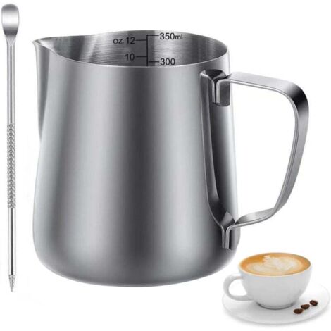 Jarra de leche de acero inoxidable de 350 ml, jarra para espumar leche de 350 ml con taza para café con marca de medición, jarra de leche portátil para espresso, latte art y amantes del café.
