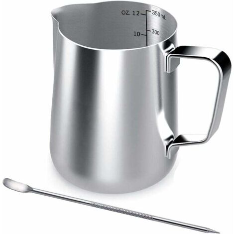 Jarra de leche de acero inoxidable, jarra de leche de mano de 350 ml con medidor y bolígrafo para latte art, ideal para crear capuchino y espresso.