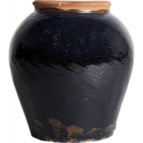 Jarre en céramique bleue profonde et base naturelle - Gris