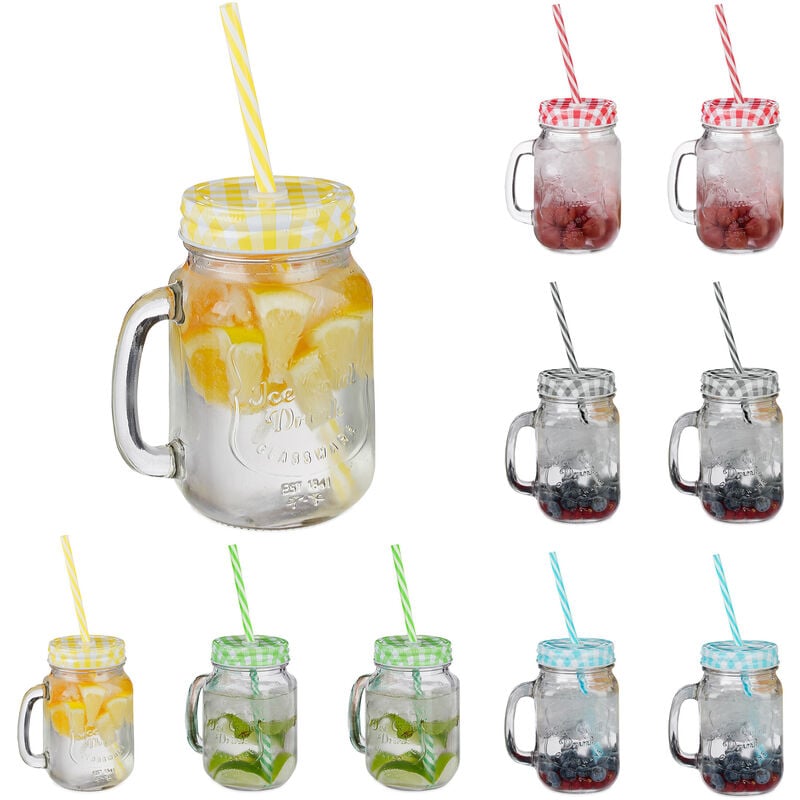 Jarres avec paille et couvercle, en lot de 10, volume de 500 ml, design rétro, verre avec anse, multicolore - Relaxdays
