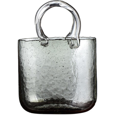 Jarrón con forma de bolso – Cristal gris transparente – 28,5 cm x 19,5 cm – Jarrón decorativo con forma de bolso y asa