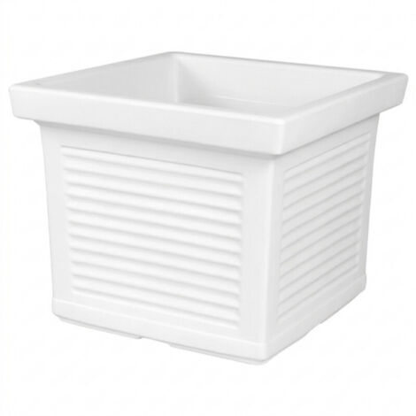 Jarrón cuadrado decorativo clásico tradicional de 40x40 cm y 33 cm de alto, fabricado en polímero blanco resistente para plantas de jardín y terraza