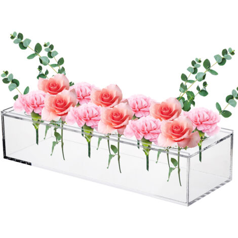 Jarrón de acrílico Crystal Pro®  30 cm (12 orificios) – Jarrón rectangular ligero, transparente y resistente con tapa extraíble para una decoración elegante.