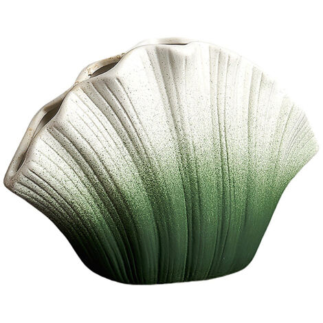 Jarrón de cerámica hidropónica blanco y verde (grande) – Jarrón decorativo con forma de concha para decorar hogares navideños y arreglos florales frescos.