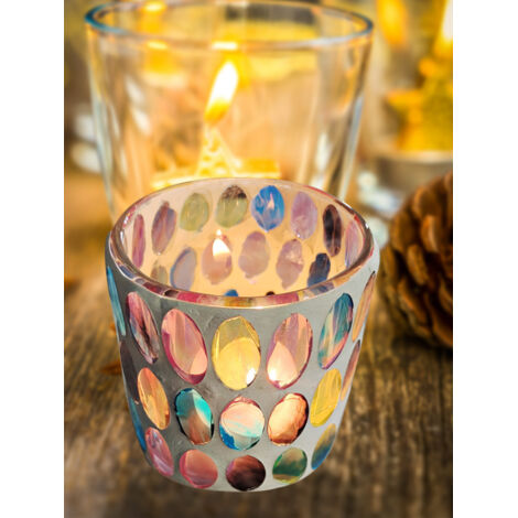 Jarrón de cristal con mosaico multicolor para velas, ideal como decoración de mesa para plantas, oficina o mesa, dimensiones 8,5 x 7,5 cm, capacidad 200 ml, 1 unidad.